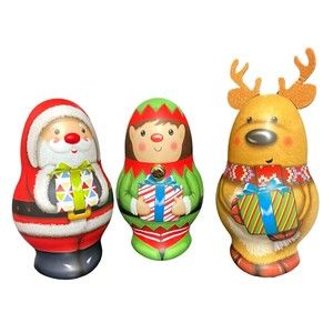 3  Christmas Tin Gift Package Candy Roly Poly Style-Reindeer-Santa-Elf  9" EMPTY